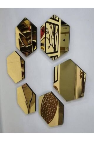 Bal Peteği Gold Dekoratif Altıgen 12x Süs Akrilik Ayna 7,5x8,5cm Duvar Pleksi Yapışkan Bantlı