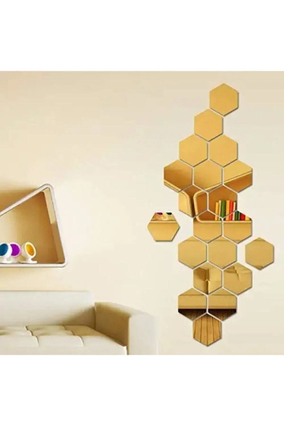 Dekoratif Bal Peteği Pleksi Ayna Gold Renk Kendinden Yapışkanlı (14 ADET X 7CM X 8CM)